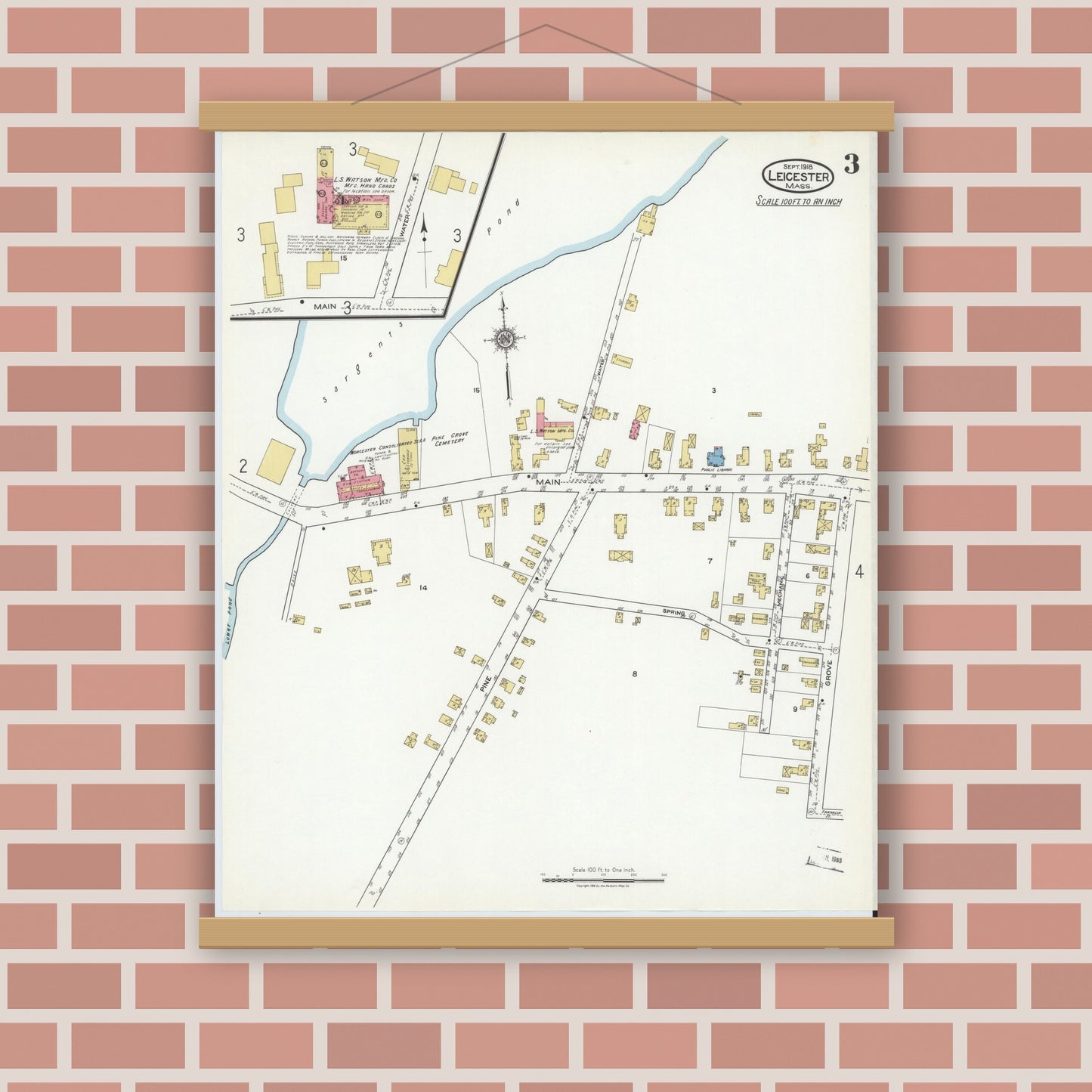 Old map wall art mockup — magnetic wood frame on brick wall — Sanborn Fire Insurance Map from Leicester, Worcester County, Massachusetts (1918), Sheet #0003