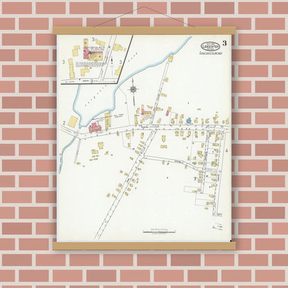 Old map wall art mockup — magnetic wood frame on brick wall — Sanborn Fire Insurance Map from Leicester, Worcester County, Massachusetts (1918), Sheet #0003