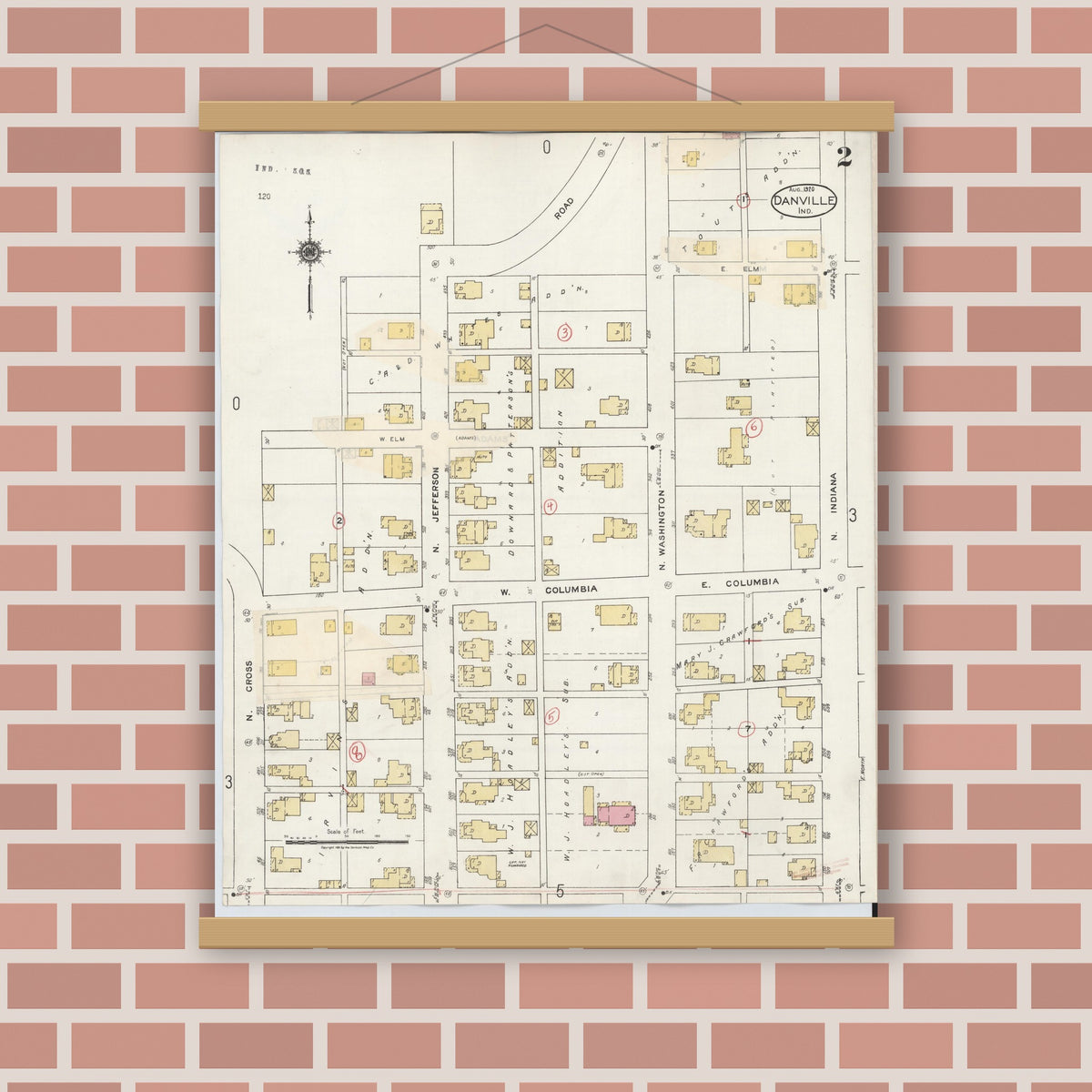 Old map wall art mockup — magnetic wood frame on brick wall — Sanborn Fire Insurance Map from Danville, Hendricks County, Indiana (1932), Sheet #0002