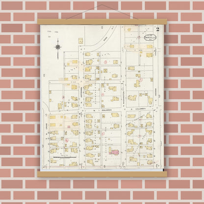 Old map wall art mockup — magnetic wood frame on brick wall — Sanborn Fire Insurance Map from Danville, Hendricks County, Indiana (1932), Sheet #0002
