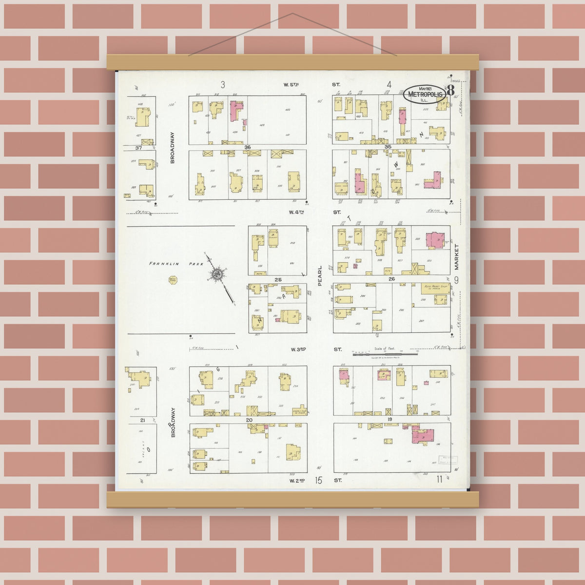 Old map wall art mockup — magnetic wood frame on brick wall — Sanborn Fire Insurance Map from Metropolis, Massac County, Illinois (1921), Sheet #0008