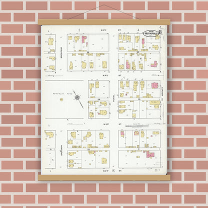Old map wall art mockup — magnetic wood frame on brick wall — Sanborn Fire Insurance Map from Metropolis, Massac County, Illinois (1921), Sheet #0008
