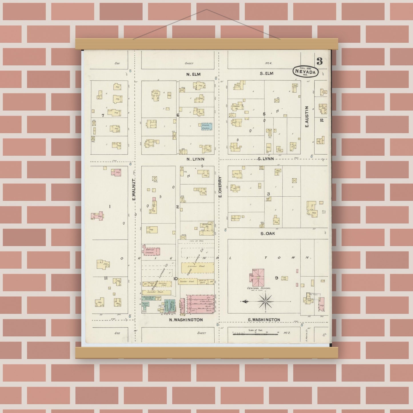 Old map wall art mockup — magnetic wood frame on brick wall — Sanborn Fire Insurance Map from Nevada, Vernon County, Missouri (1890), Sheet #0003