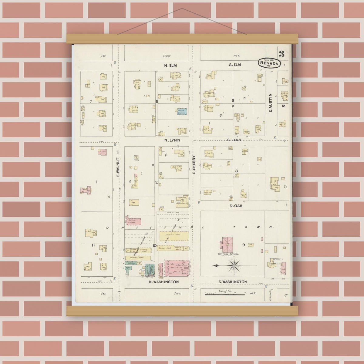 Old map wall art mockup — magnetic wood frame on brick wall — Sanborn Fire Insurance Map from Nevada, Vernon County, Missouri (1890), Sheet #0003