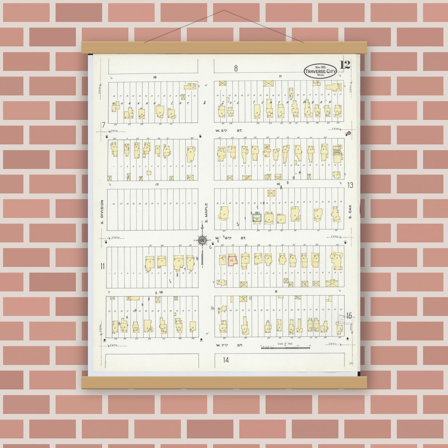 Old map wall art mockup — magnetic wood frame on brick wall — Sanborn Fire Insurance Map from Traverse City, Grand Traverse County, Michigan (1910), Sheet #0012