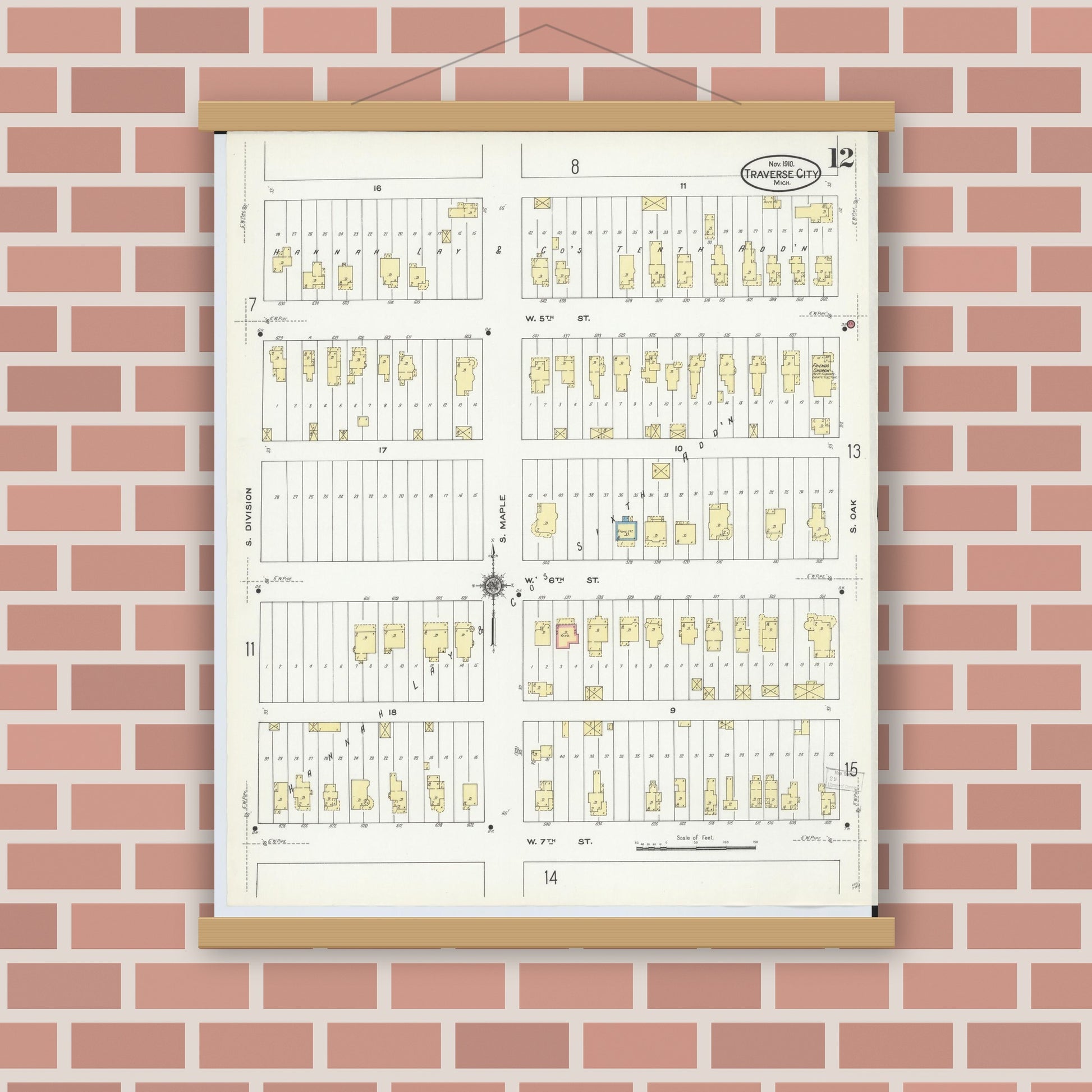Old map wall art mockup — magnetic wood frame on brick wall — Sanborn Fire Insurance Map from Traverse City, Grand Traverse County, Michigan (1910), Sheet #0012