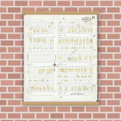 Old map wall art mockup — magnetic wood frame on brick wall — Sanborn Fire Insurance Map from Traverse City, Grand Traverse County, Michigan (1910), Sheet #0012