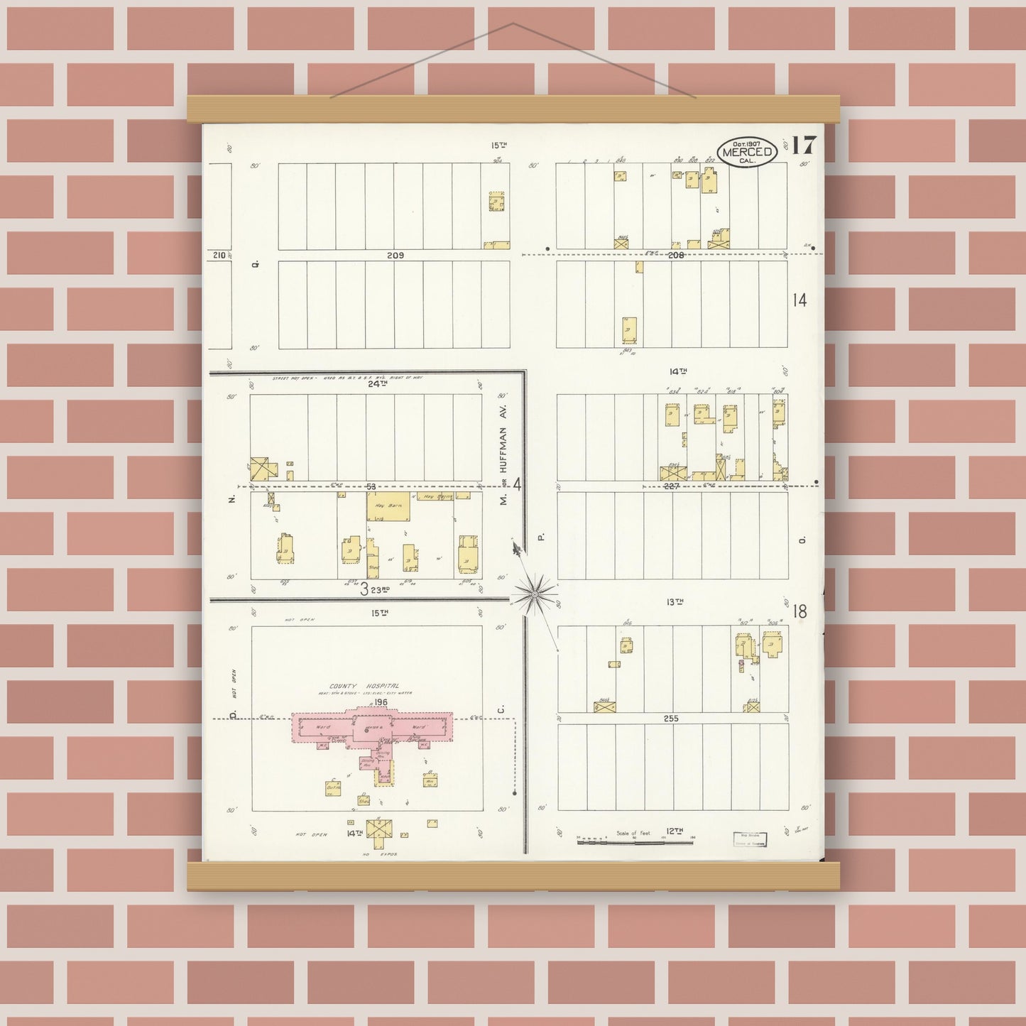 Old map wall art mockup — magnetic wood frame on brick wall — Sanborn Fire Insurance Map from Merced, Merced County, California (1907), Sheet #0017