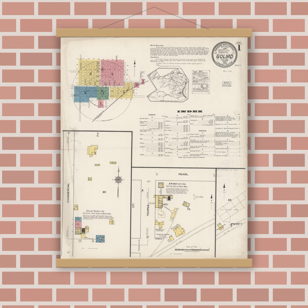 Old map wall art mockup — magnetic wood frame on brick wall — Sanborn Fire Insurance Map from Goliad, Goliad County, Texas (1922) - Complete Map Set