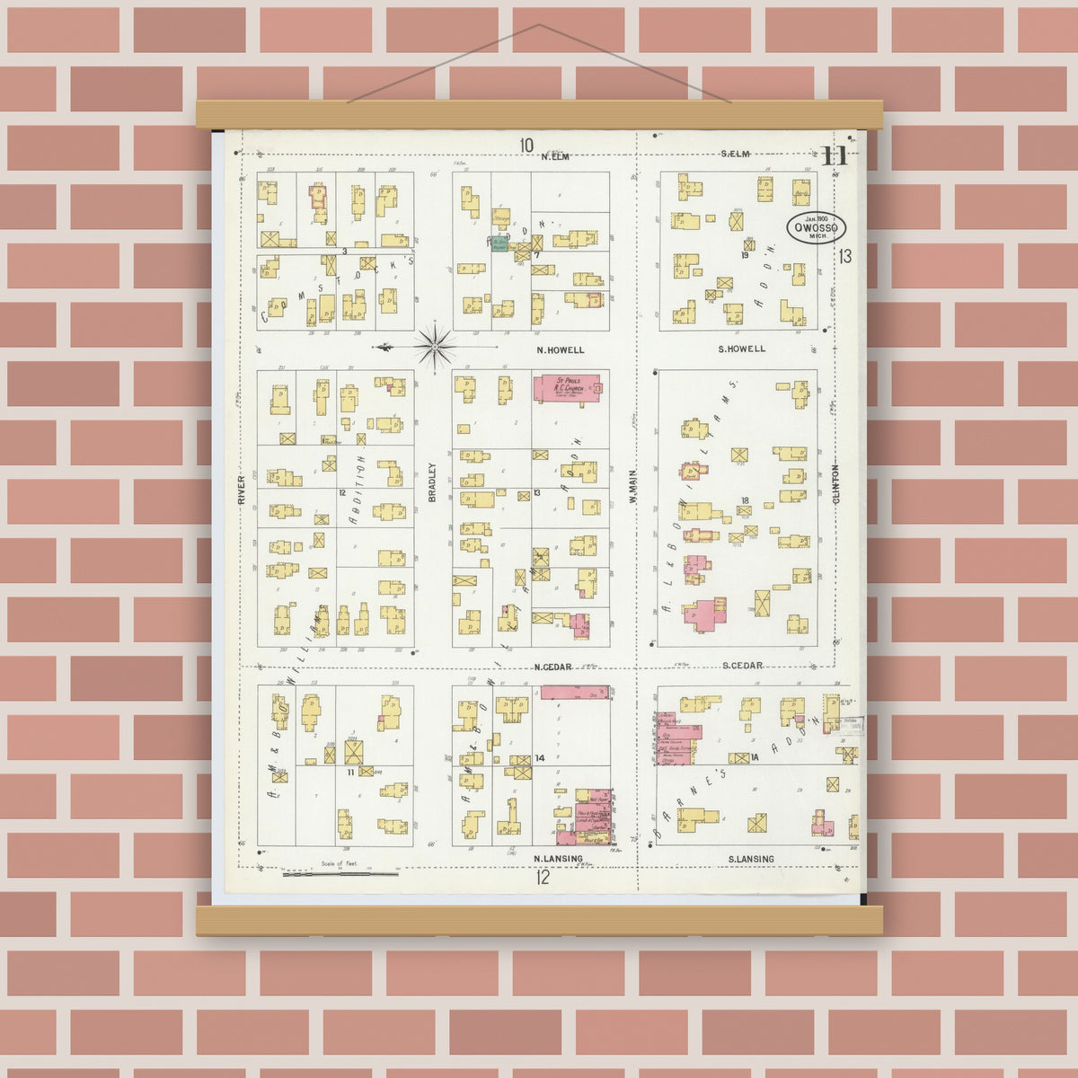 Old map wall art mockup — magnetic wood frame on brick wall — Sanborn Fire Insurance Map from Owosso, Shiawassee County, Michigan (1900), Sheet #0011
