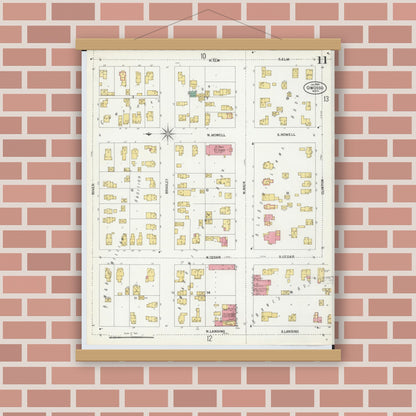 Old map wall art mockup — magnetic wood frame on brick wall — Sanborn Fire Insurance Map from Owosso, Shiawassee County, Michigan (1900), Sheet #0011