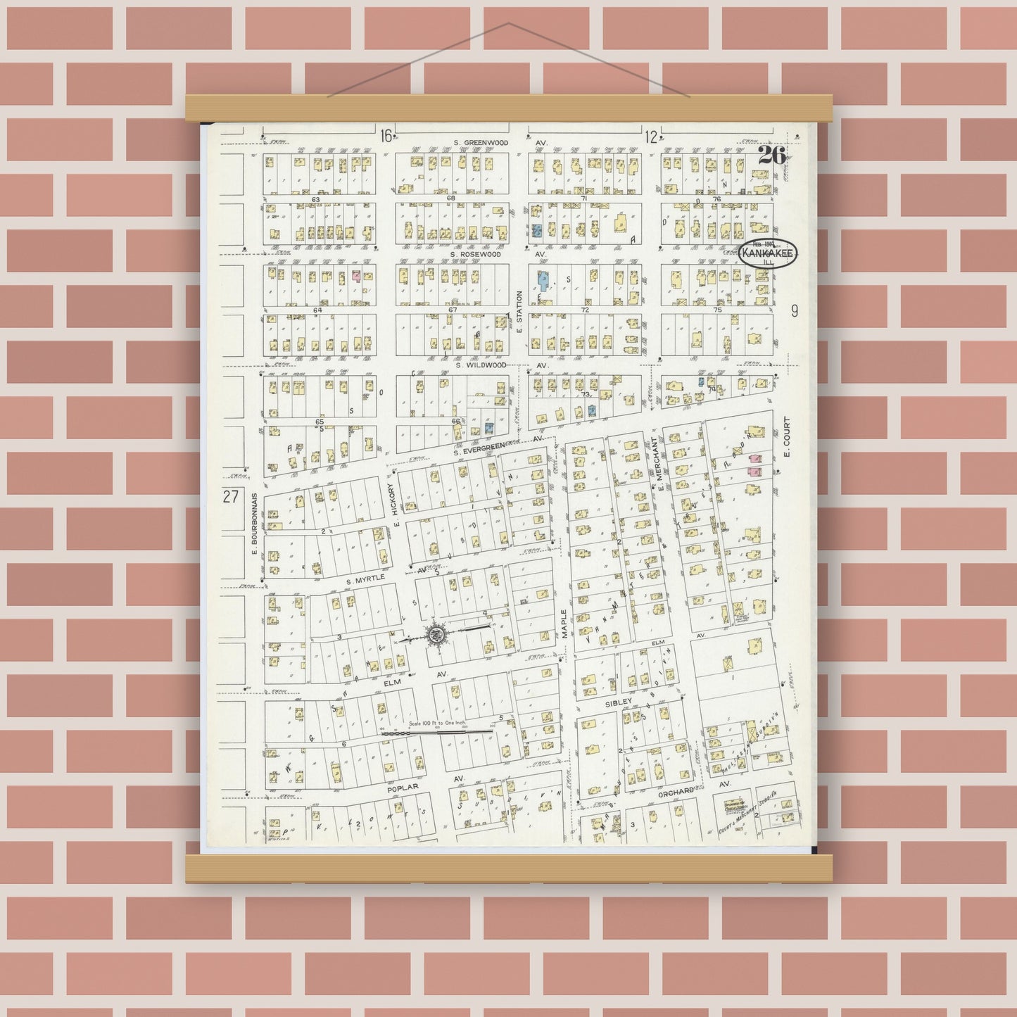 Old map wall art mockup — magnetic wood frame on brick wall — Sanborn Fire Insurance Map from Kankakee, Kankakee County, Illinois (1914), Sheet #0026