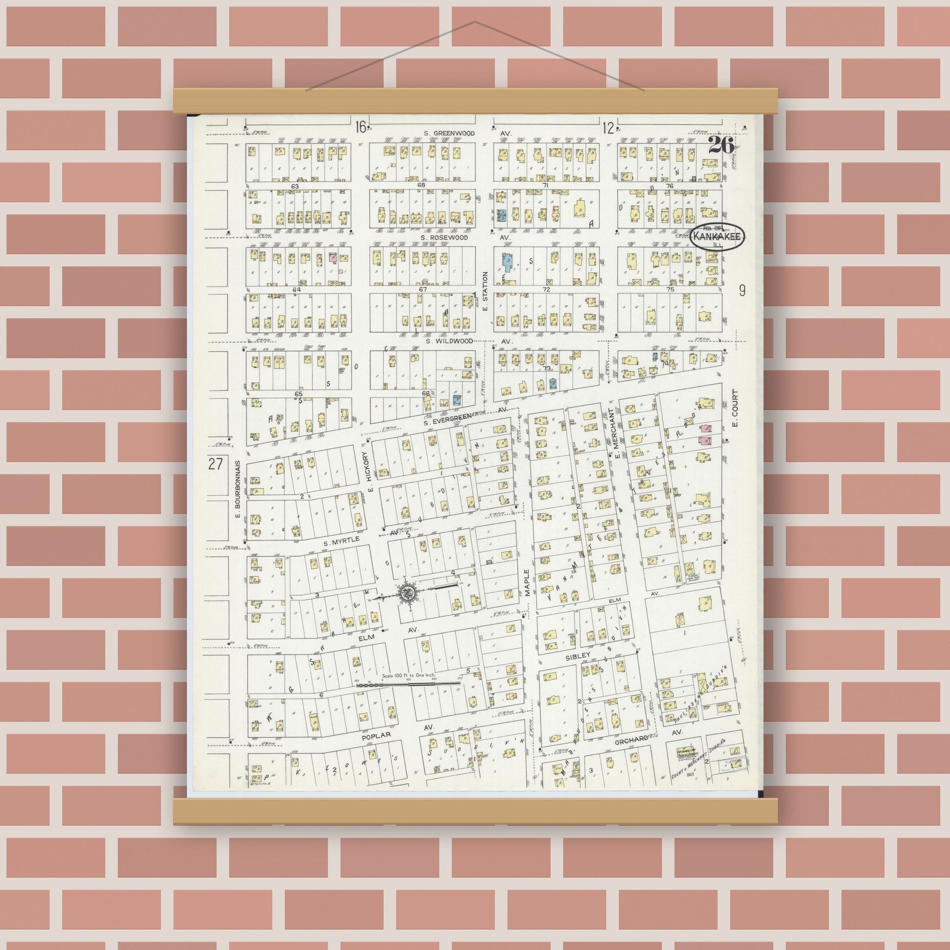 Old map wall art mockup — magnetic wood frame on brick wall — Sanborn Fire Insurance Map from Kankakee, Kankakee County, Illinois (1914), Sheet #0026