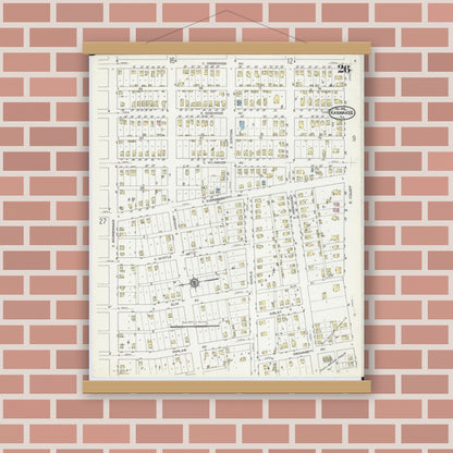 Old map wall art mockup — magnetic wood frame on brick wall — Sanborn Fire Insurance Map from Kankakee, Kankakee County, Illinois (1914), Sheet #0026