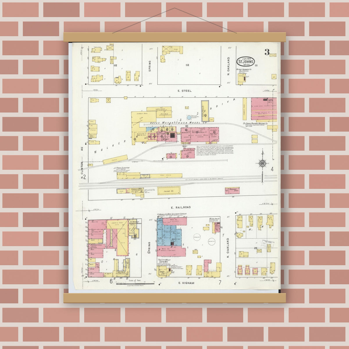 Old map wall art mockup — magnetic wood frame on brick wall — Sanborn Fire Insurance Map from Saint Johns, Clinton County, Michigan (1918), Sheet #0003