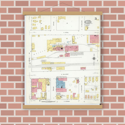 Old map wall art mockup — magnetic wood frame on brick wall — Sanborn Fire Insurance Map from Saint Johns, Clinton County, Michigan (1918), Sheet #0003