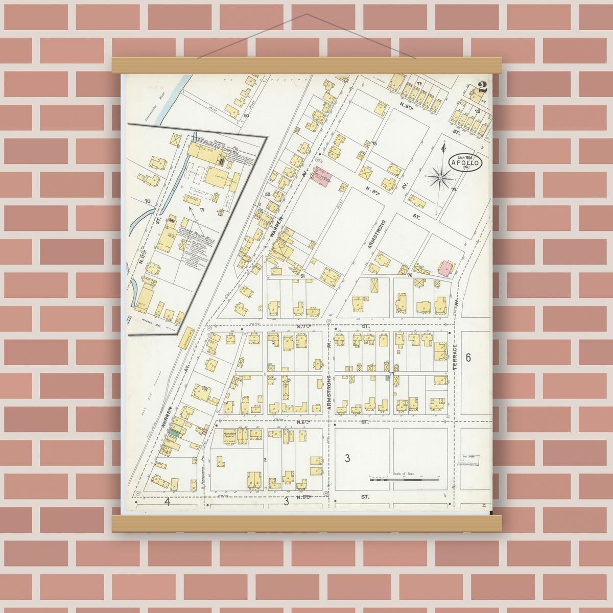 Old map wall art mockup — magnetic wood frame on brick wall — Sanborn Fire Insurance Map from Apollo, Armstrong County, Pennsylvania (1904), Sheet #0002