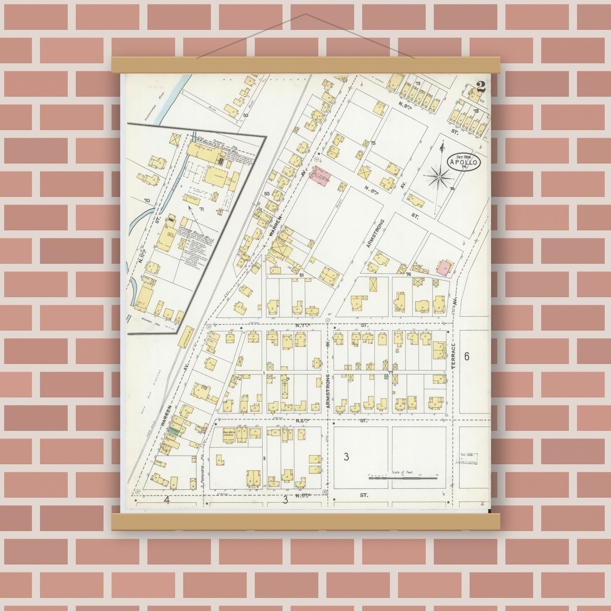 Old map wall art mockup — magnetic wood frame on brick wall — Sanborn Fire Insurance Map from Apollo, Armstrong County, Pennsylvania (1904), Sheet #0002