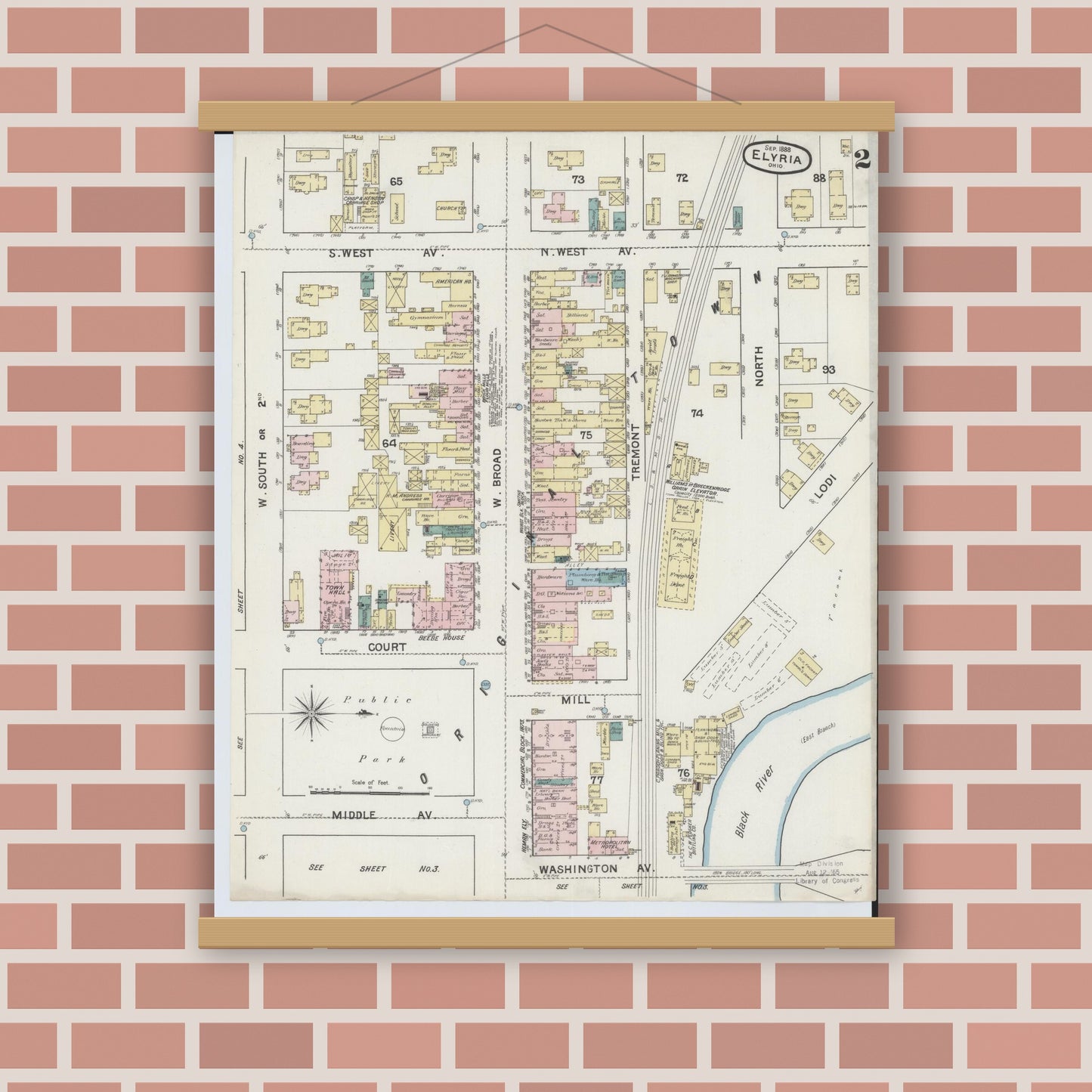 Old map wall art mockup — magnetic wood frame on brick wall — Sanborn Fire Insurance Map from Elyria, Lorain County, Ohio (1888), Sheet #0002