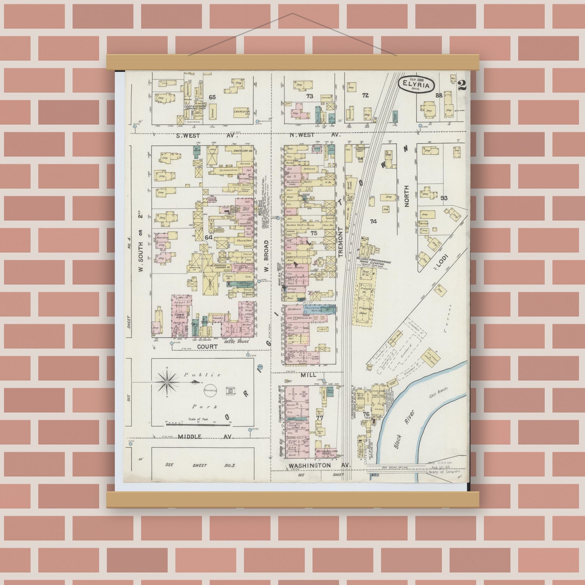 Old map wall art mockup — magnetic wood frame on brick wall — Sanborn Fire Insurance Map from Elyria, Lorain County, Ohio (1888), Sheet #0002
