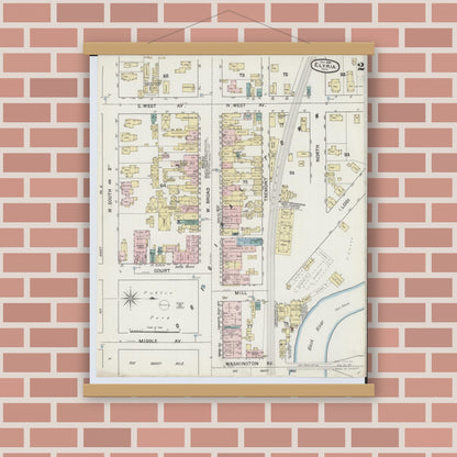 Old map wall art mockup — magnetic wood frame on brick wall — Sanborn Fire Insurance Map from Elyria, Lorain County, Ohio (1888), Sheet #0002