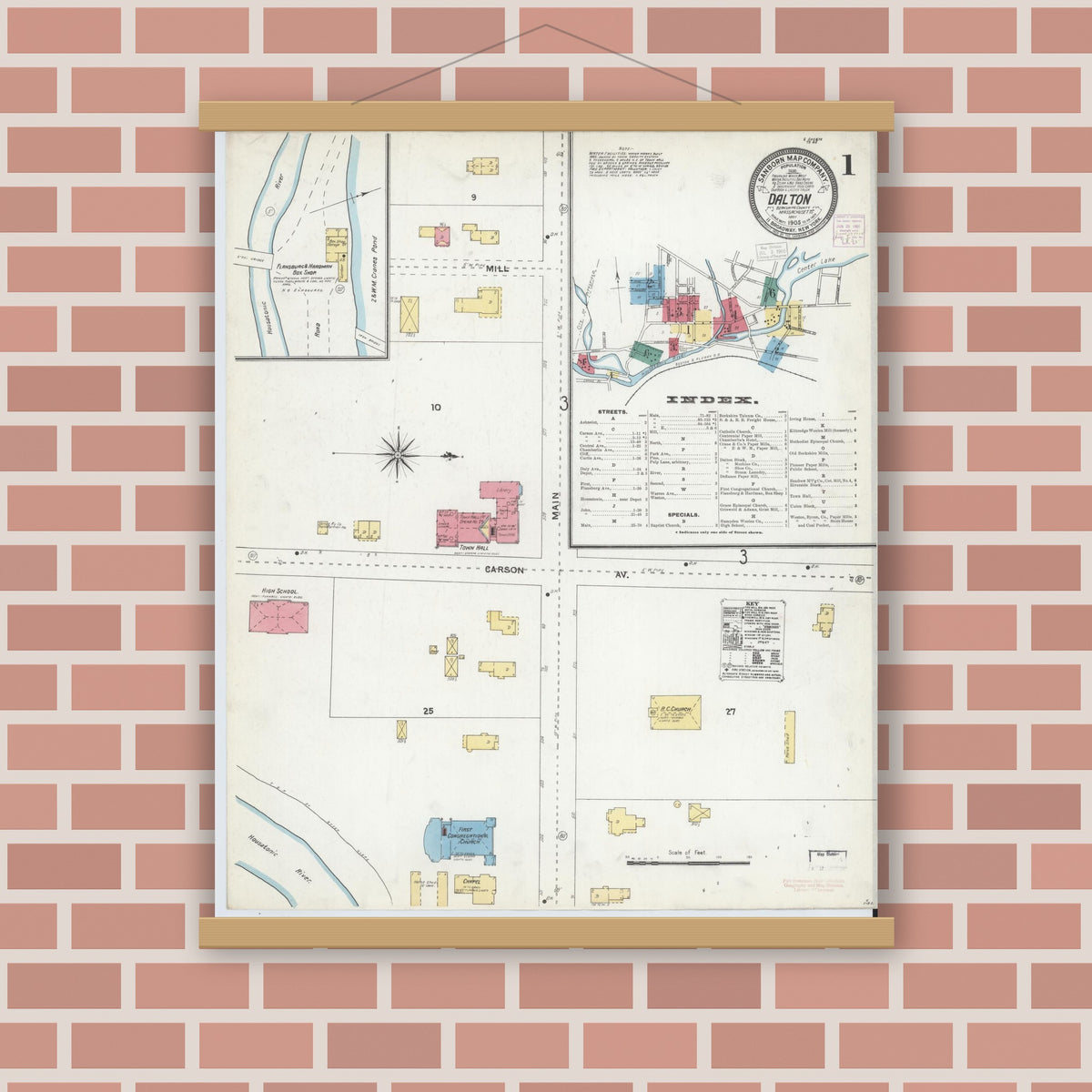 Old map wall art mockup — magnetic wood frame on brick wall — Sanborn Fire Insurance Map from Dalton, Berkshire County, Massachusetts (1905) - Complete Map Set