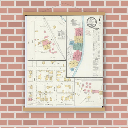 Old map wall art mockup — magnetic wood frame on brick wall — Sanborn Fire Insurance Map from Middleport, Meigs County, Ohio (1899), Sheet #0001