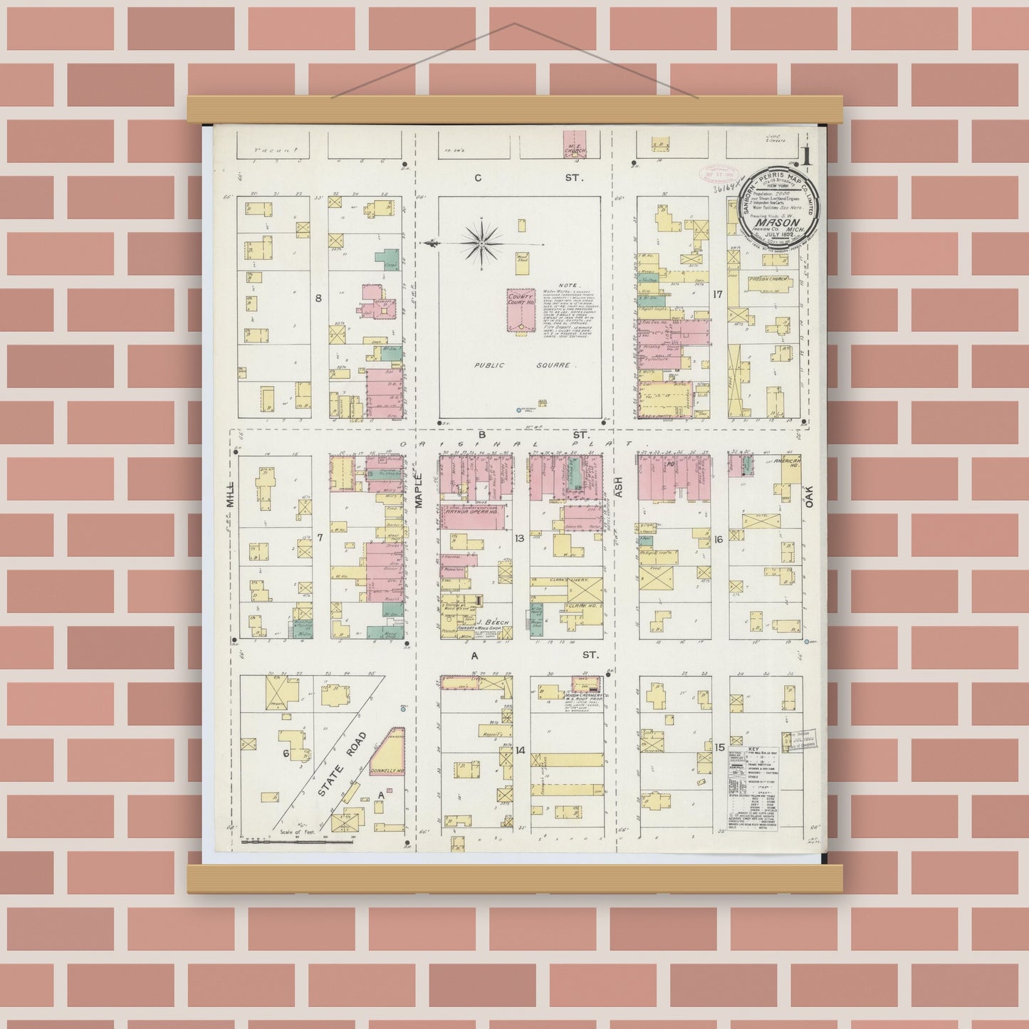 Old map wall art mockup — magnetic wood frame on brick wall — Sanborn Fire Insurance Map from Mason, Ingham County, Michigan (1892) - Complete Map Set