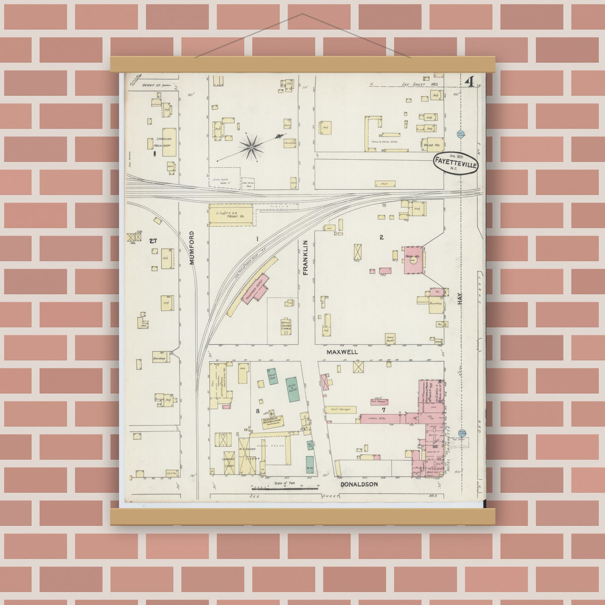 Old map wall art mockup — magnetic wood frame on brick wall — Sanborn Fire Insurance Map from Fayetteville, Cumberland County, North Carolina (1891), Sheet #0004