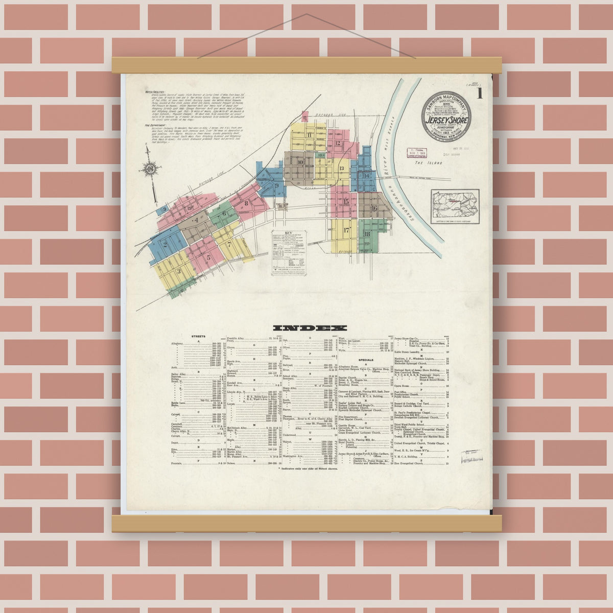 Old map wall art mockup — magnetic wood frame on brick wall — Sanborn Fire Insurance Map from Jersey Shore, Lycoming County, Pennsylvania (1913) - Complete Map Set