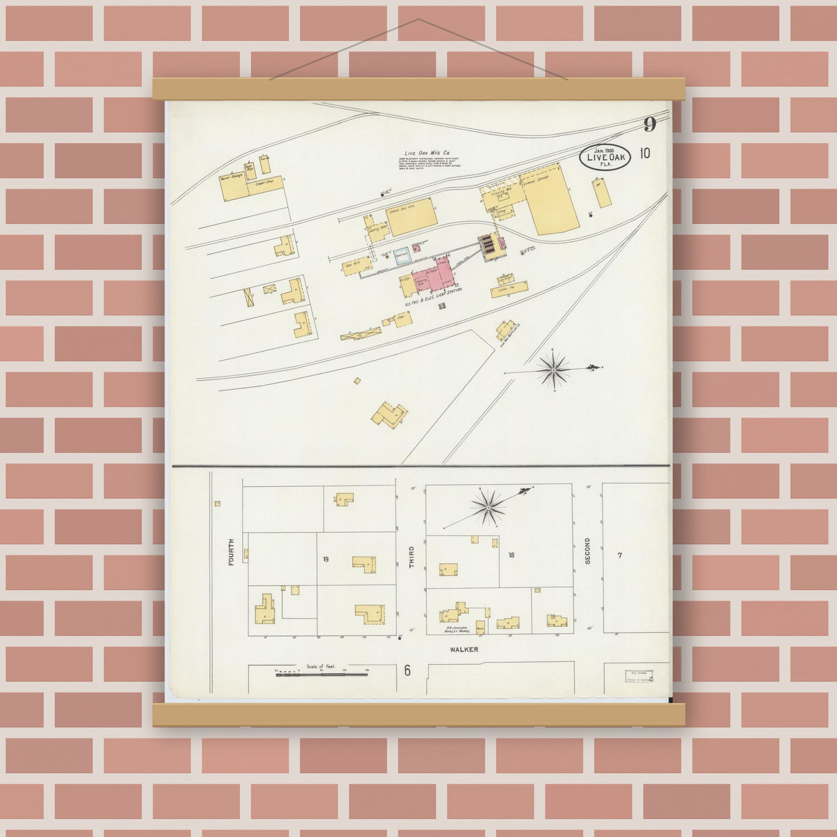 Old map wall art mockup — magnetic wood frame on brick wall — Sanborn Fire Insurance Map from Live Oak, Suwanee County, Florida (1906), Sheet #0009