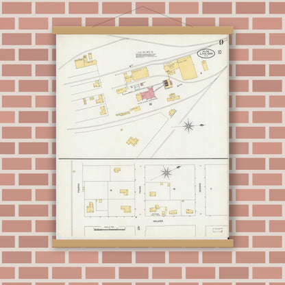 Old map wall art mockup — magnetic wood frame on brick wall — Sanborn Fire Insurance Map from Live Oak, Suwanee County, Florida (1906), Sheet #0009