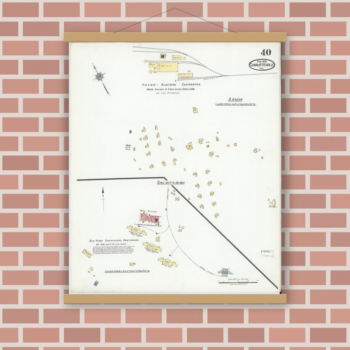 Old map wall art mockup — magnetic wood frame on brick wall — Sanborn Fire Insurance Map from Charlottesville, Independent Cities, Virginia (1920), Sheet #0040