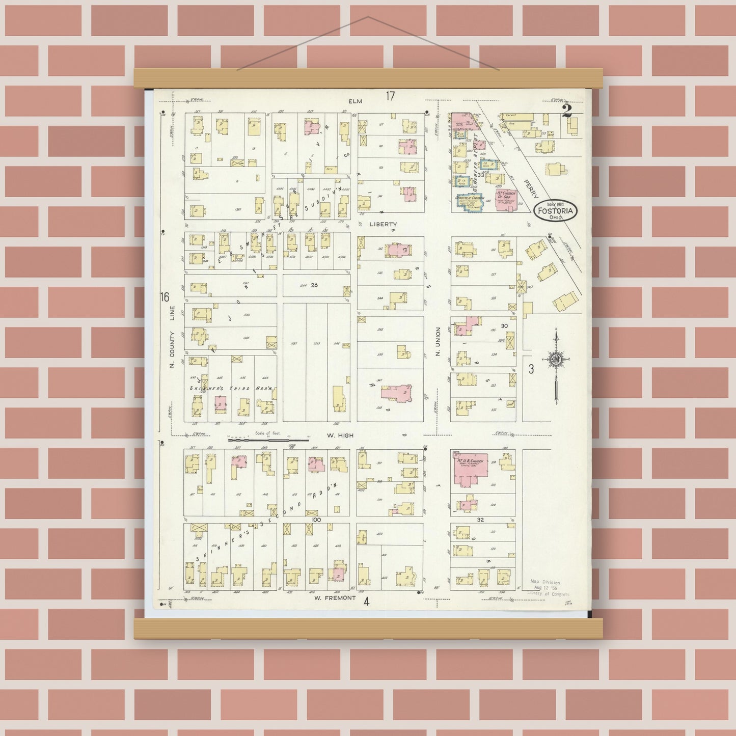 Old map wall art mockup — magnetic wood frame on brick wall — Sanborn Fire Insurance Map from Fostoria, Seneca, Hancock, And Wood Counties, Ohio (1914), Sheet #0002