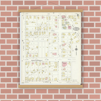 Old map wall art mockup — magnetic wood frame on brick wall — Sanborn Fire Insurance Map from Fostoria, Seneca, Hancock, And Wood Counties, Ohio (1914), Sheet #0002