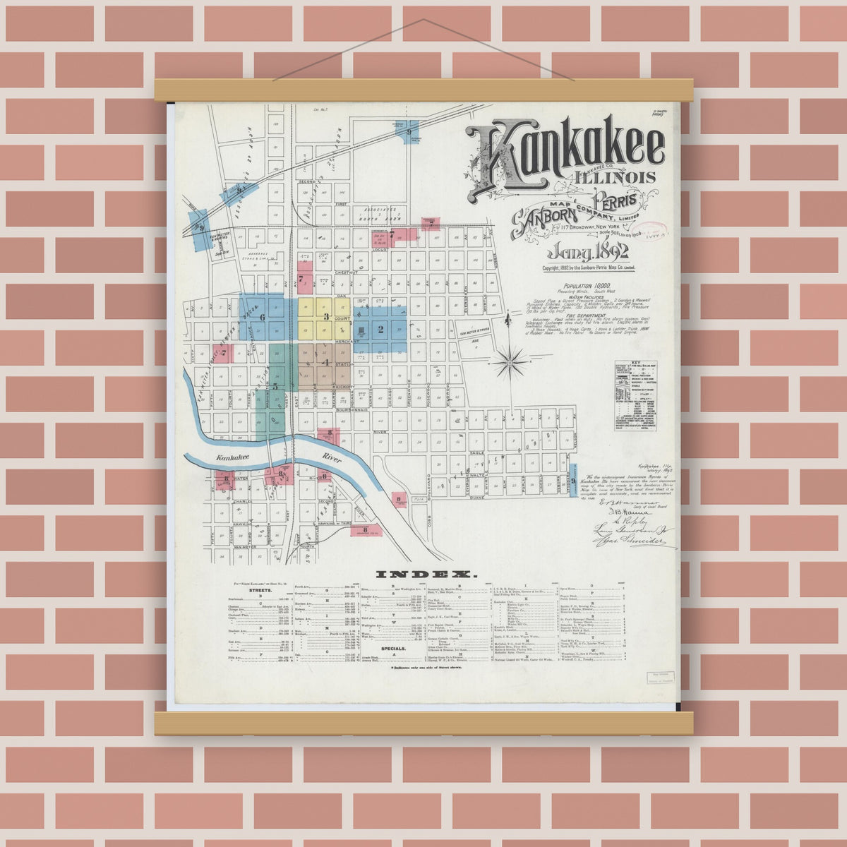 Old map wall art mockup — magnetic wood frame on brick wall — Sanborn Fire Insurance Map from Kankakee, Kankakee County, Illinois (1892) - Complete Map Set