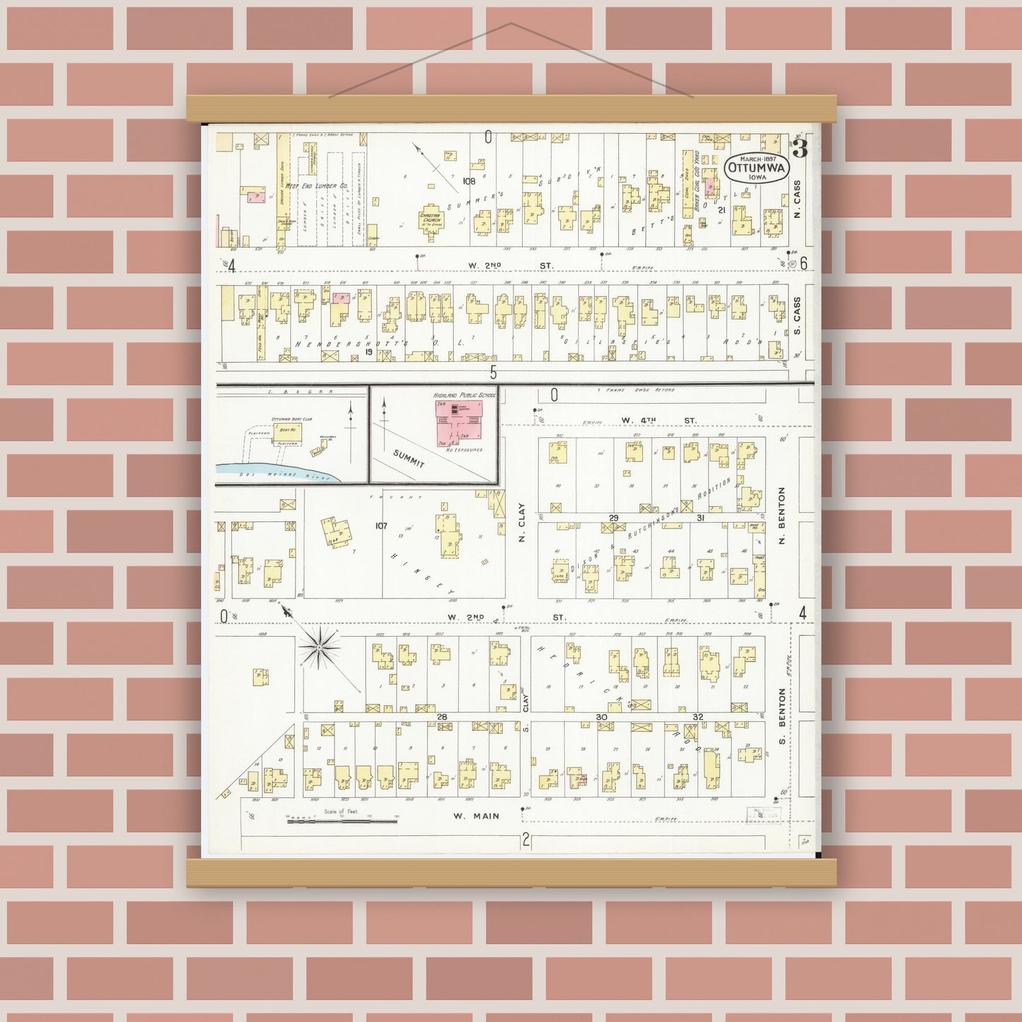 Old map wall art mockup — magnetic wood frame on brick wall — Sanborn Fire Insurance Map from Ottumwa, Wapello County, Iowa (1897), Sheet #0003