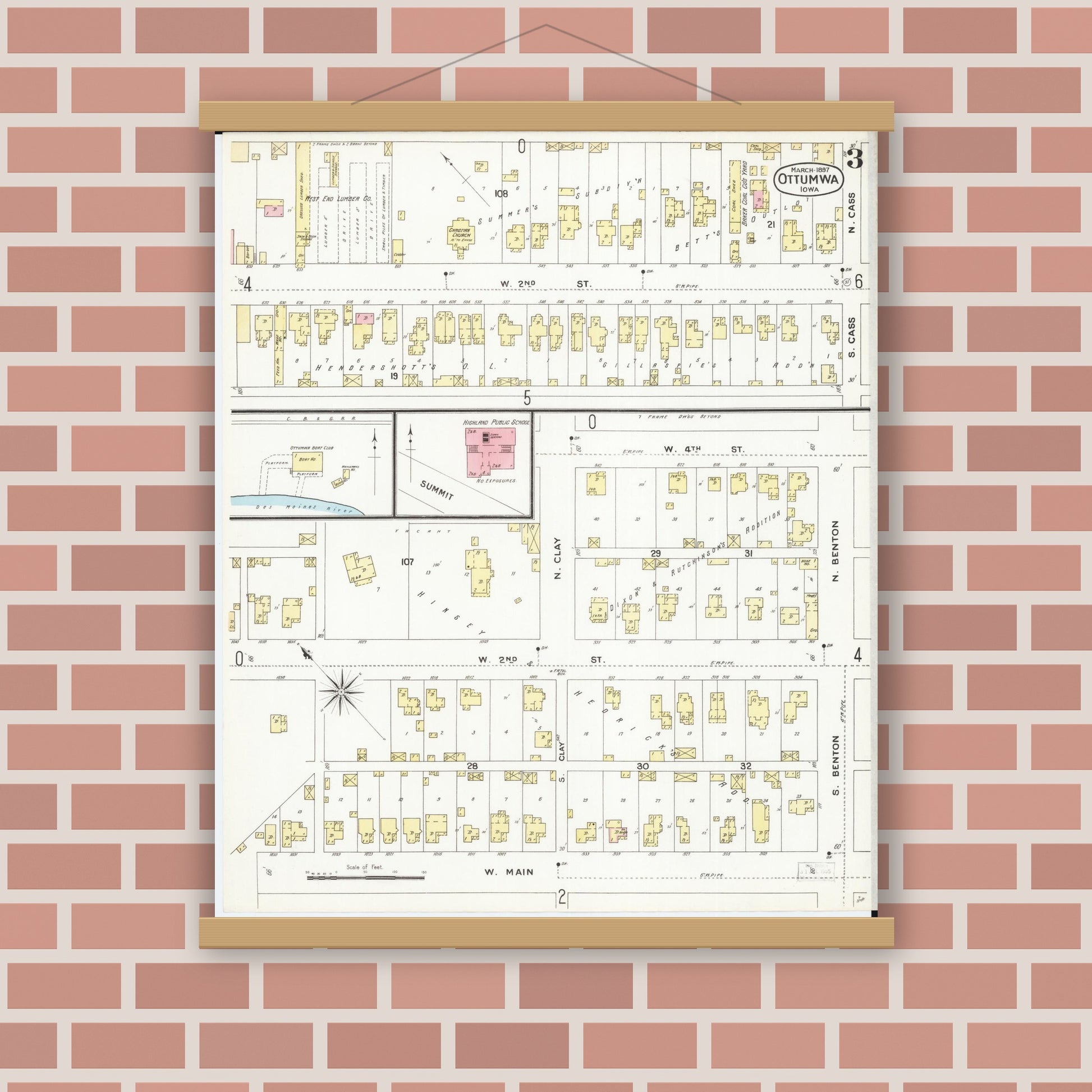 Old map wall art mockup — magnetic wood frame on brick wall — Sanborn Fire Insurance Map from Ottumwa, Wapello County, Iowa (1897), Sheet #0003