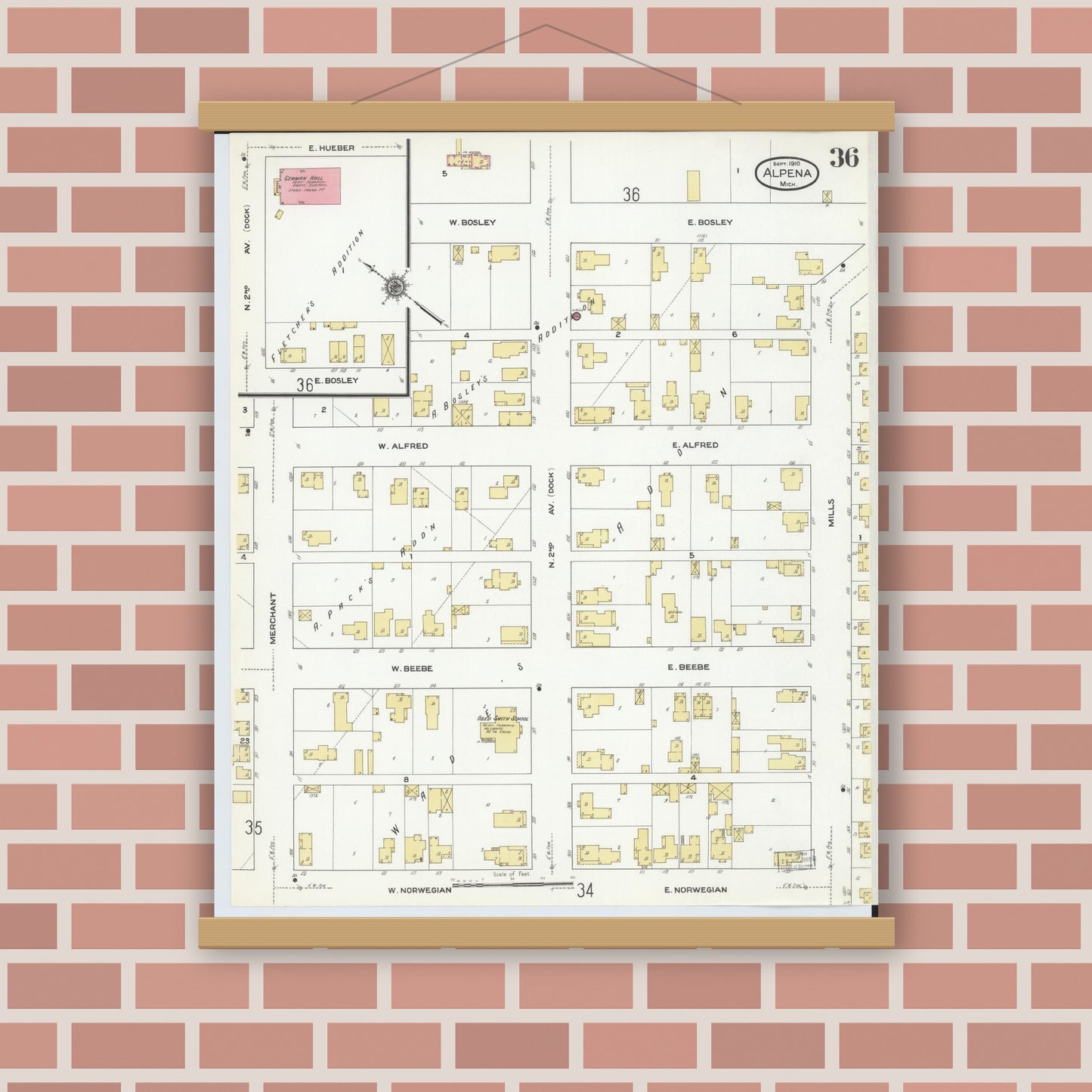 Old map wall art mockup — magnetic wood frame on brick wall — Sanborn Fire Insurance Map from Alpena, Alpena County, Michigan (1910), Sheet #0036