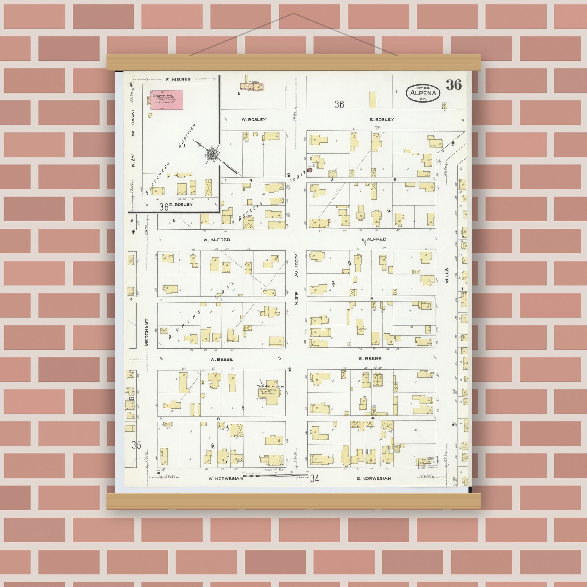 Old map wall art mockup — magnetic wood frame on brick wall — Sanborn Fire Insurance Map from Alpena, Alpena County, Michigan (1910), Sheet #0036