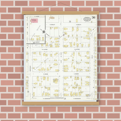 Old map wall art mockup — magnetic wood frame on brick wall — Sanborn Fire Insurance Map from Alpena, Alpena County, Michigan (1910), Sheet #0036