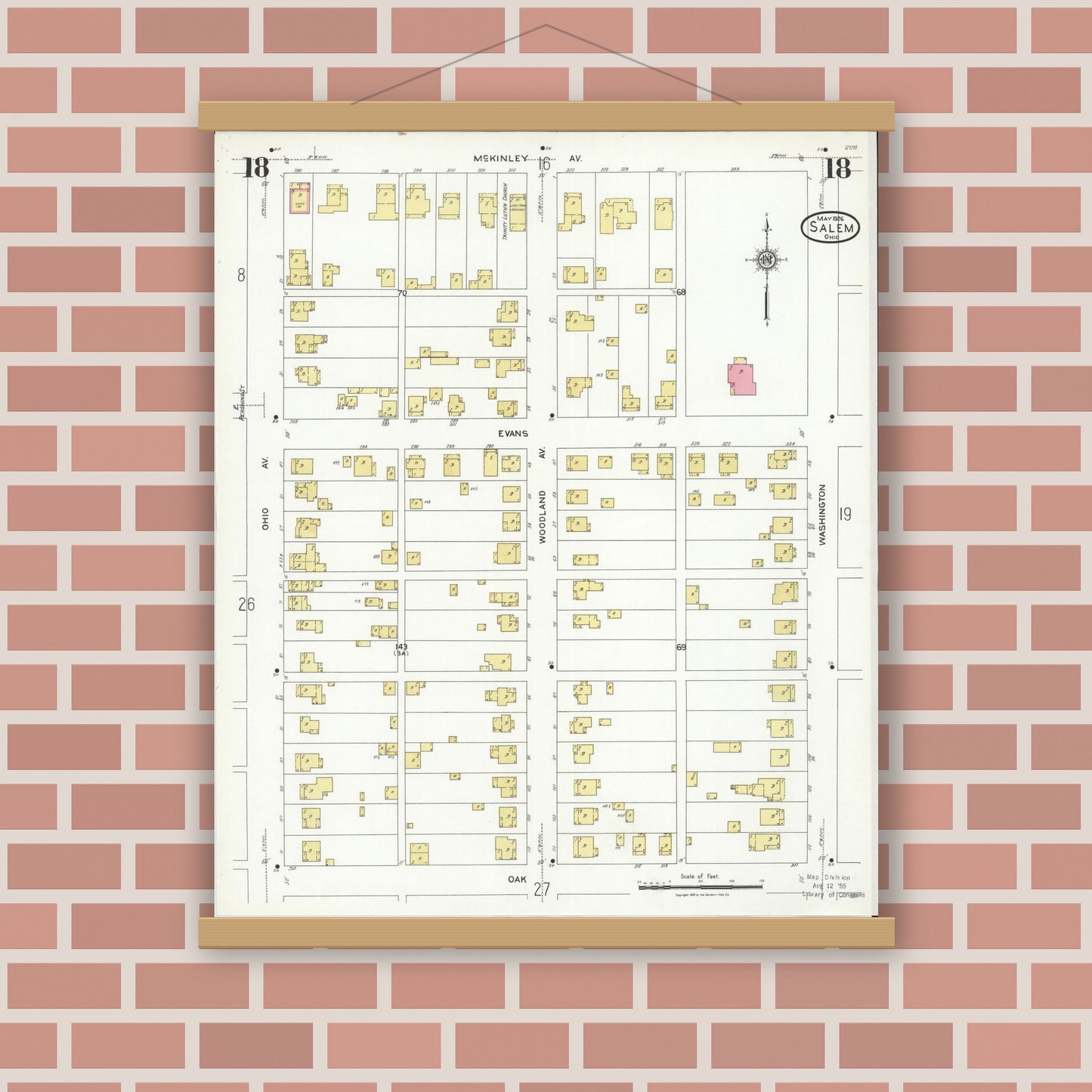 Old map wall art mockup — magnetic wood frame on brick wall — Sanborn Fire Insurance Map from Salem, Columbiana County, Ohio (1926), Sheet #0018