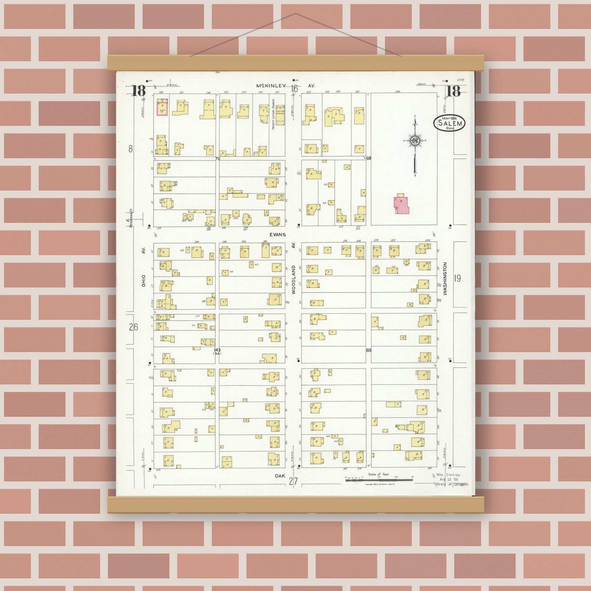 Old map wall art mockup — magnetic wood frame on brick wall — Sanborn Fire Insurance Map from Salem, Columbiana County, Ohio (1926), Sheet #0018