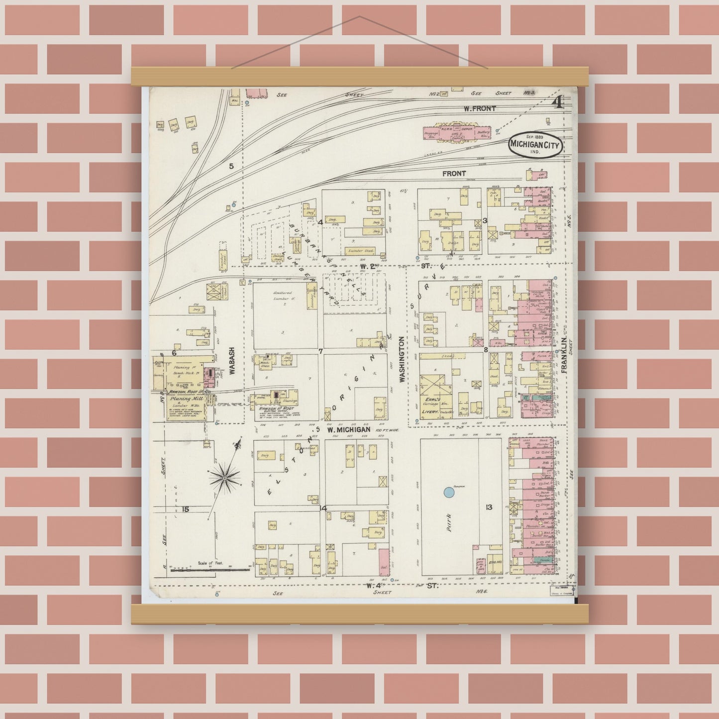 Old map wall art mockup — magnetic wood frame on brick wall — Sanborn Fire Insurance Map from Michigan City, La Porte County, Indiana (1889), Sheet #0004