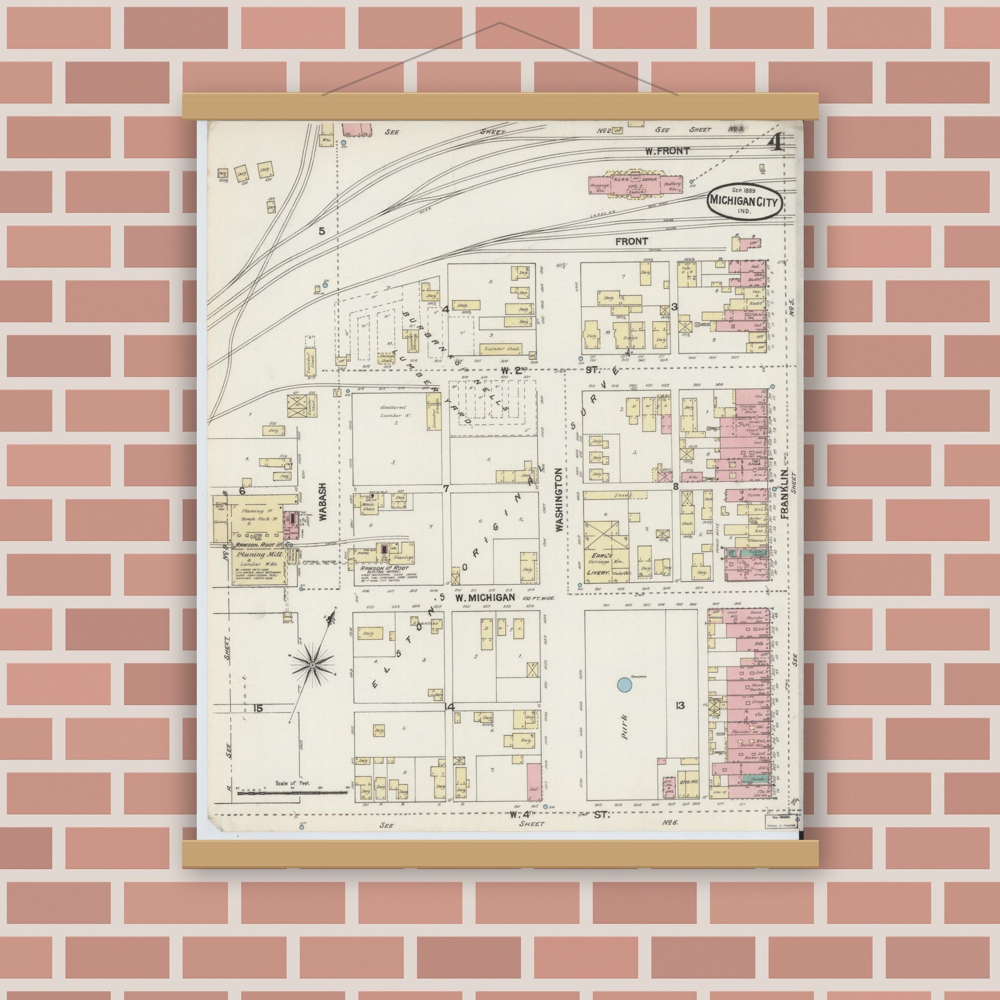 Old map wall art mockup — magnetic wood frame on brick wall — Sanborn Fire Insurance Map from Michigan City, La Porte County, Indiana (1889), Sheet #0004