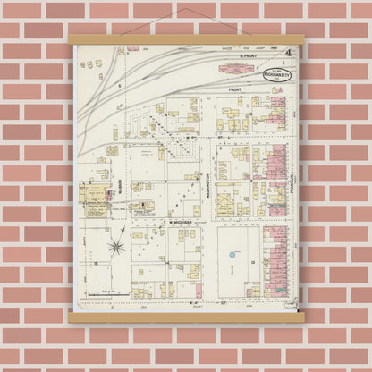Old map wall art mockup — magnetic wood frame on brick wall — Sanborn Fire Insurance Map from Michigan City, La Porte County, Indiana (1889), Sheet #0004