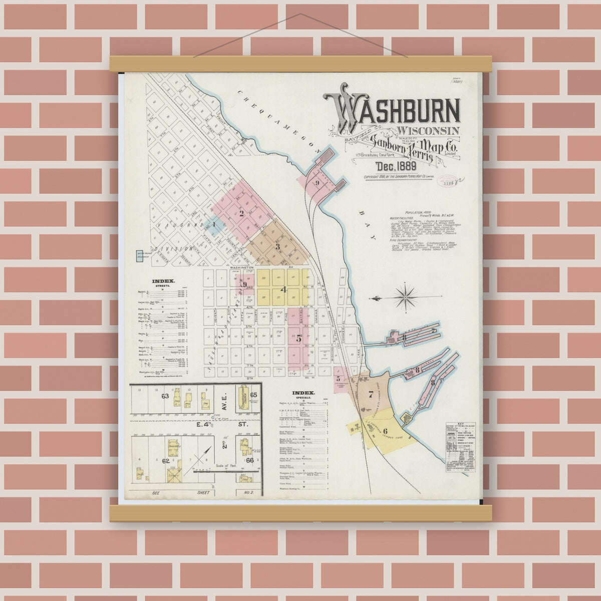 Old map wall art mockup — magnetic wood frame on brick wall — Sanborn Fire Insurance Map from Washburn, Bayfield County, Wisconsin (1889), Sheet #0001