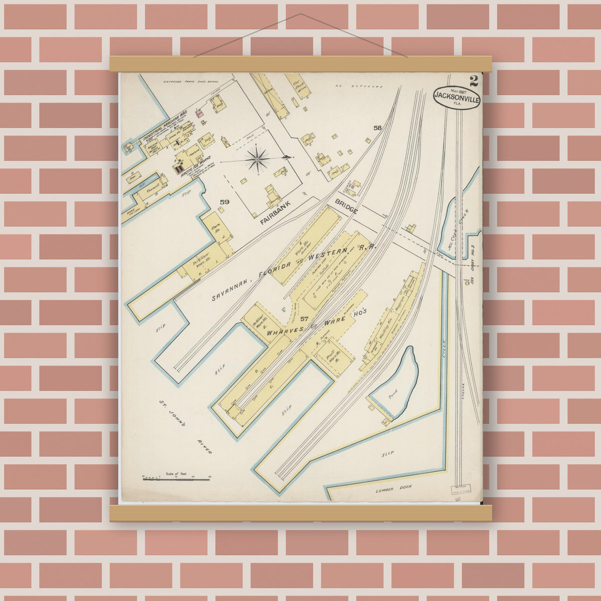 Old map wall art mockup — magnetic wood frame on brick wall — Sanborn Fire Insurance Map from Jacksonville, Duval County, Florida (1887), Sheet #0002