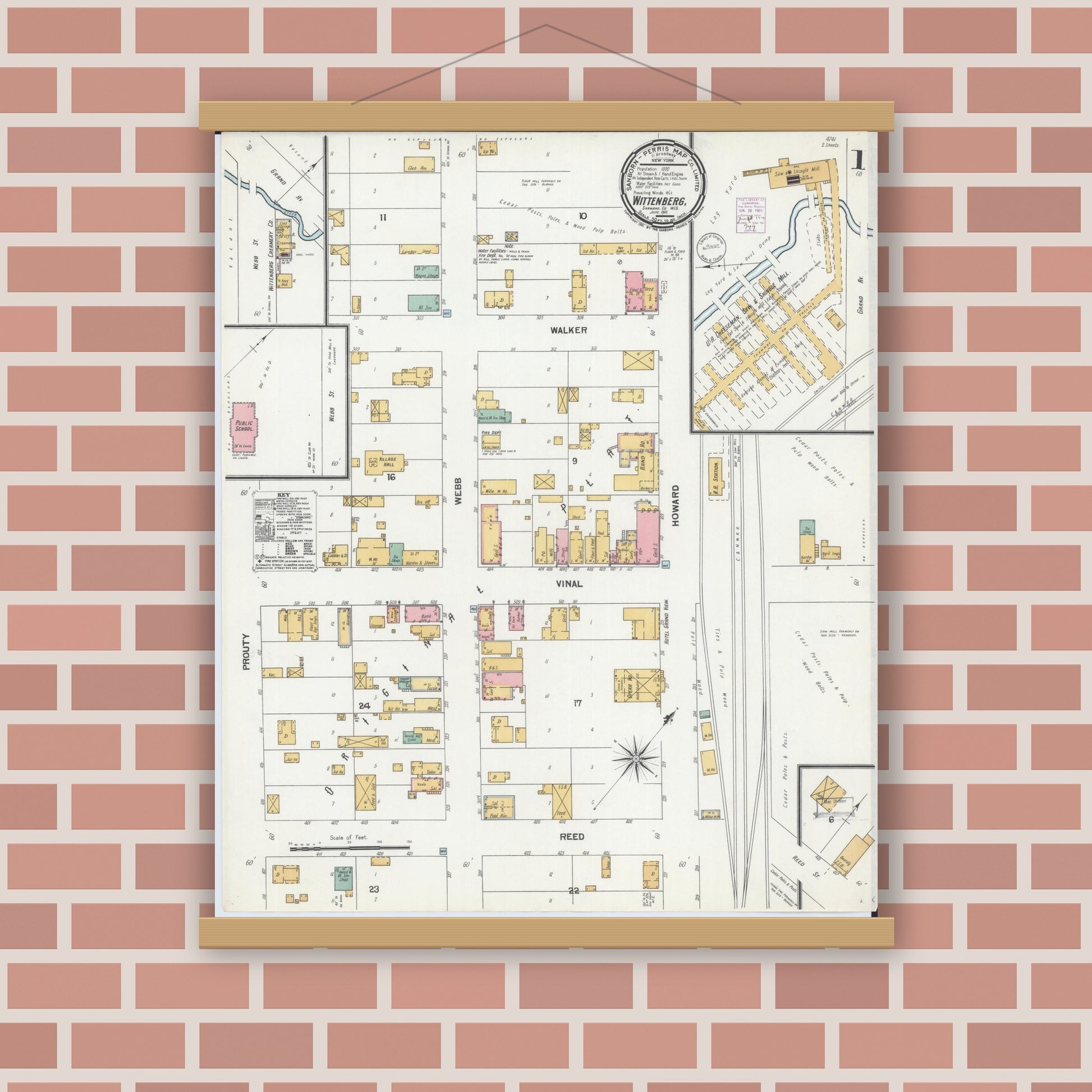 Old map wall art mockup — magnetic wood frame on brick wall — Sanborn Fire Insurance Map from Wittenberg, Shawano County, Wisconsin (1901), Sheet #0001