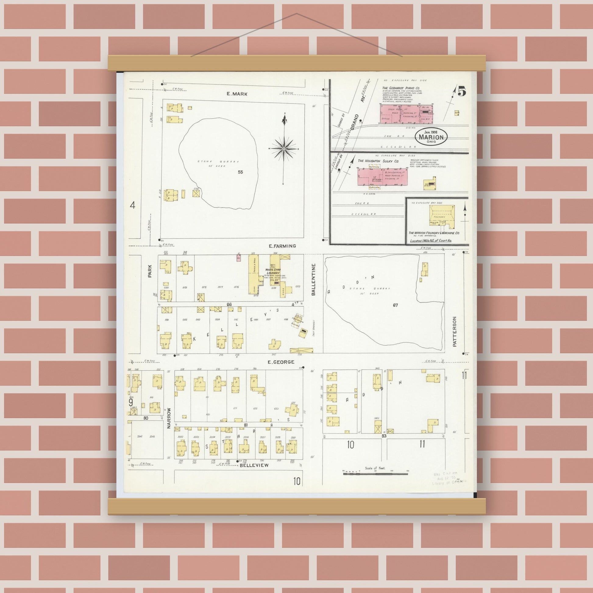 Old map wall art mockup — magnetic wood frame on brick wall — Sanborn Fire Insurance Map from Marion, Marion County, Ohio (1908), Sheet #0005